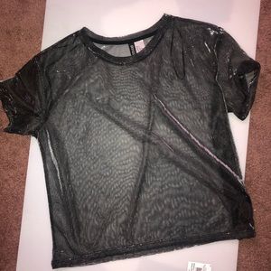 Sheer, black, t shirt, shiny-ish in the light